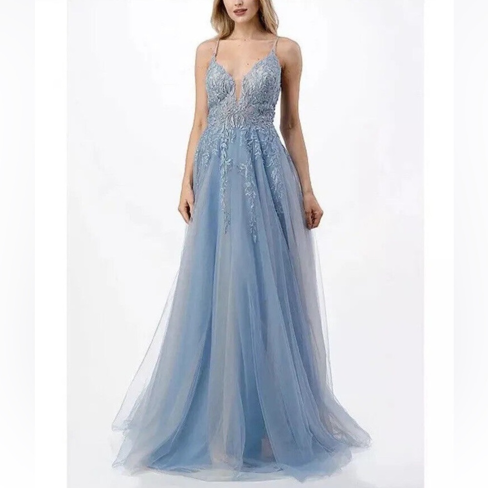 Coya Collection Baby Blue Illusion Beaded Prom Dress